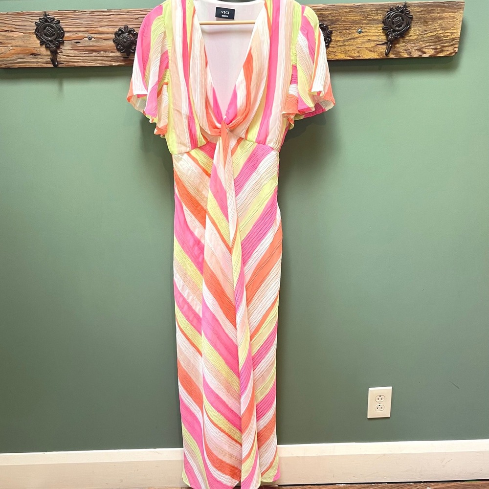 VICI Womens Multi Color Striped V-Neck Front Tie Maxi Dress Pink Medium